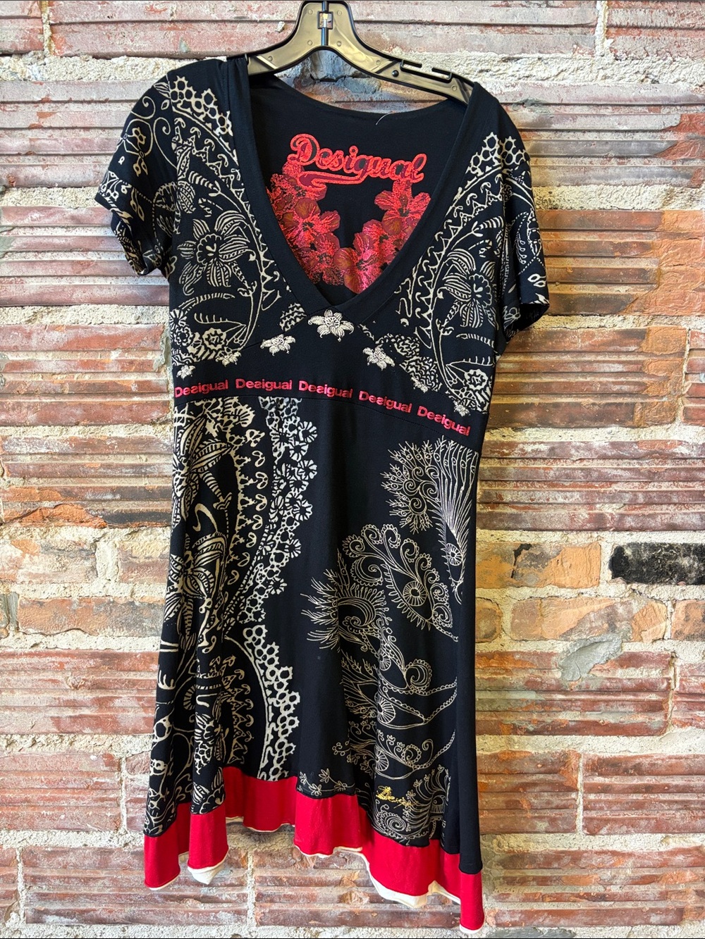 Desigual Black Dress with Cream Paisley and Red Accents